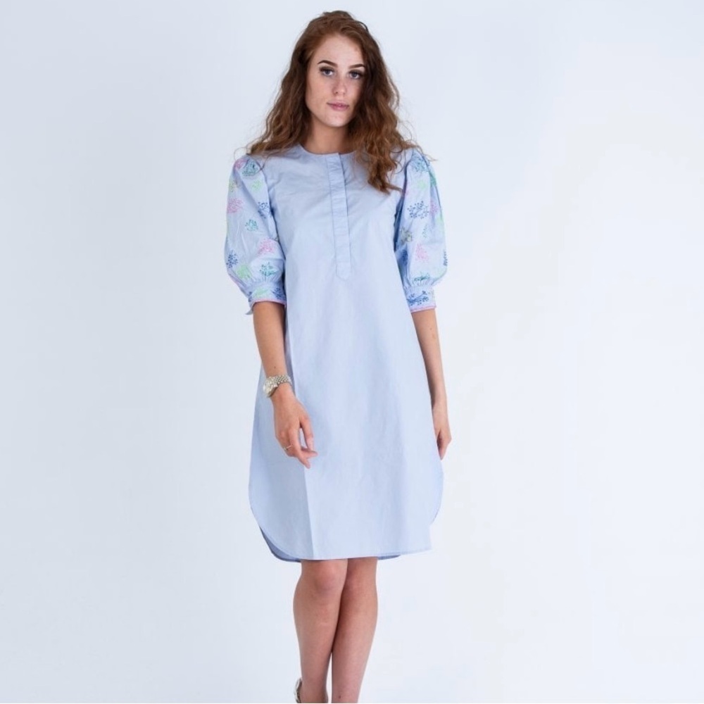 Vilagallo Bettina cotton sz 44 (US sz 12) dress sequin embroidered sleeves blue